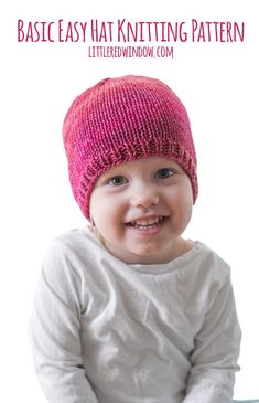 a baby wearing a pink knitted hat with text overlay that reads basic easy knitting pattern