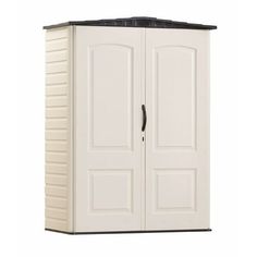 a white storage shed with two doors on the front and one door open to reveal a black roof