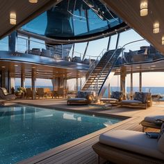 the inside of a large boat with a pool and lounge chairs on it's deck