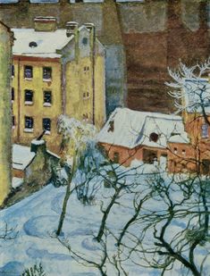 a painting of buildings and trees covered in snow