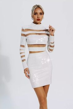 White Long Sleeve Crop Top For Party, Chic Bodycon Crop Top For Party, Chic Long Sleeve Crop Top For Party, Evening Long Sleeve Crop Top For Party Season, Elegant Long Sleeve Sequined Crop Top, Glamorous Fitted Long Sleeve Crop Top, Elegant Long Sleeve Crop Top For Night Out, Chic Long Sleeve Sequined Crop Top, Long Sleeve Crop Top For Night Out