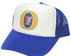 a blue and white trucker hat with the letter f on it's front