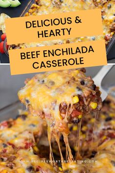 Person serving a piece of beef enchilada casserole. Easy Beef Enchilada Casserole, Mexican Lasagna With Tortillas, Creamy Refried Beans, Beef Enchilada Casserole, Easy Comfort Food Dinners, Beef Enchilada, Mexican Flavors