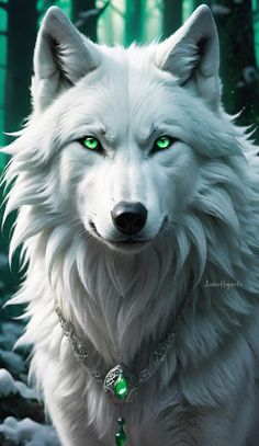 a white wolf with green eyes standing in the snow next to a forest filled with trees