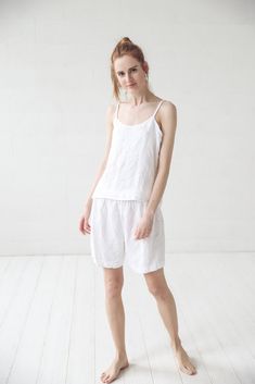 "DETAILS: * Natural 100% linen pajama set for women * Linen shorts and tank top for your comfortable sleep * Great gift for women, bride, girlfriend. * Made from soft wash medium weight (185 g) 100 % European linen fabric * Height of the model is 177 cm (5' 8\") and she is wearing size XS/S * Color - white. Please choose another color and size on the right * Product number: NIGHT02 CARE LABEL * machine wash gentle (40 C/104 F) * dry gentle on low heat * wrinkles give the character so there is no Comfortable Summer Sleep Pajama Shorts, Comfortable Summer Pajama Shorts For Sleep, Comfortable Summer Pajama Shorts For Bedtime, Relaxed Fit Pajama Shorts For Summer Bedtime, Summer Sleep Pajama Shorts Relaxed Fit, Relaxed Summer Sleepwear For Lounging, Sleeveless Relaxed Fit Summer Sleepwear, Summer Sleep Shorts With Relaxed Fit, Short Summer Camisole For Loungewear