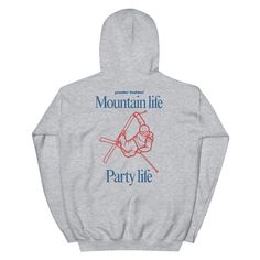 This Ski Hoodie and Snowboard Shirt features a mountain and "mountain life party" printed on the back, making it the perfect skiier or snowboarder gift. This Unisex Snowboard and Ski Shirt is also comfortable and cozy, making it a great ski gift for those who love the mountains during winter. This unisex hoodie is plush, soft, and warm - a perfect choice for any cold day. In the front, the spacious kangaroo pocket adds daily practicality while the hood's drawstring is the same color as the base Winter Hoodie With Drawstring Hood For Outdoor Activities, Sporty Hoodie For Winter Outdoor Activities, Long Sleeve Hoodie With Adjustable Hood For Winter Sports, Winter Sports Hooded Jacket With Drawstring Hood, Winter Sweatshirt With Adjustable Hood For Outdoor Use, Graphic Print Hooded Hoodie For Outdoor Activities, Graphic Print Hoodie For Outdoor Activities, Snowboard Hoodie, Ski Shirt