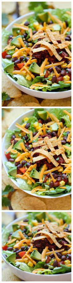 three plates with different types of salads on them