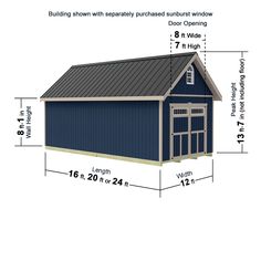 a blue shed with measurements for the roof and side walls, along with an attached garage door