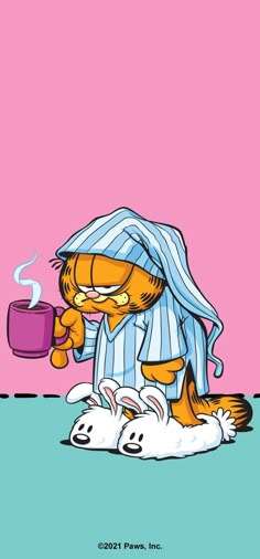 garfield the cat drinking from a cup while sitting on top of two rabbits in front of a pink background