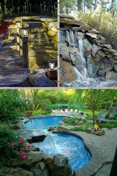 three pictures with different types of water and rocks in the same photo, one has a waterfall