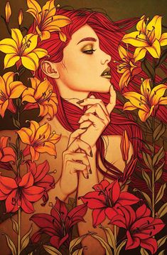 a painting of a woman with red hair and flowers in her hair, surrounded by yellow lilies