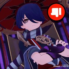 an anime character with blue hair and black eyes, holding a red object in her hand