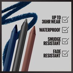 Delivering smooth strokes and intense color, this waterproof white eyeliner glides on seamlessly for our longest-lasting wear yet! This sharpenable white pencil eyeliner delivers pigment-rich hues, precise definition, and an up to 36-hour wear that lasts from day-to-night and beyond. From classic black to bright white eyeliner looks, and every brilliant shade in between, this gel liner collection has a perfect shade for your every mood. Now available in metallic and matte eyeliner shades. Waterp Grey Eyeliner, White Eyeliner Looks, Gray Eyeliner, Matte Eyeliner, Purple Eyeliner, Pink Eyeliner, Green Eyeliner, Maybelline Tattoo, Gel Eyeliner Pencil