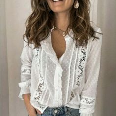 New Boutique Boho White Lace Long Sleeve Blouse Button Front Fits True To Size Measurement Chart In Photos Above 10% Off 2+ Item Bundles ”Buy Now” Or “Add To Bundle” To Purchase If You Love Free People, Johnny Was Or Anthroplogie Style - Check Out Our Closet! Boho Lace Blouse, Summer Festival Birthday Date Night Cruise Bohemian Vintage Flirty Hippie Bohemian Chic Trendy Coverup Beach Tropical Vacation Coachella Summer Outfit, Summer Lace Dress Blogger Style Zara Lace Blouse Birthday Date Night C White V-neck Blouse With Buttons, White Long Sleeve Blouse With Button Closure, White Blouse With Button Closure For Spring, Chic White Blouse With Buttons, White V-neck Blouse With Button Closure, Chic White Blouse With Button Closure, Feminine White Blouse With Buttons, Chic White Tops With Buttons, Chic White Top With Buttons