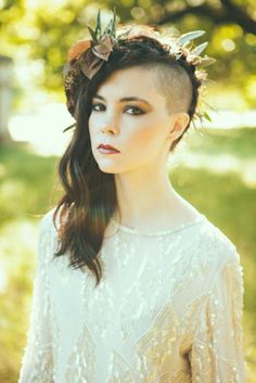 Wild and Overgrown Bridal Editorial Flowers In Her Hair, Bald Hair, Alternative Bride, Undercut Hairstyles, Bridal Shoot, Shaved Hair, Floral Crown, Undercut