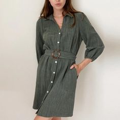 Greylin Stella Belted Textured Shirtdress Green Size Medium Nwt Features: Collared Button-Up Dress, Separate Tortoise Belt Buckle, Three Quarter Length Sleeves, Slash Pockets, 55% Linen 45% Rayon Smoke Free Home Approximate Measurements To Come Casual Button-up Office Dress, Spring Button-up Shift Shirt Dress, Spring Collared Shirt Dress With Buttoned Pockets, Knee-length Shift Shirt Dress For Fall, Casual Button-up Dress For Office, Spring Button-up Shirt Dress With Placket, Shift Button-up Shirt Dress For Day Out, Button-up Dresses With Button Cuffs For Spring, Spring Button-up Dresses With Button Cuffs