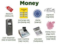 there are many different types of money in this picture, including cash machines and atms