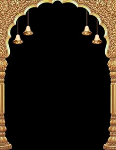 an ornate arch with bells hanging from the top and bottom, on a black background