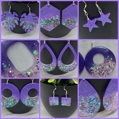 several pictures of purple and blue earrings with glitters on them, including starfish