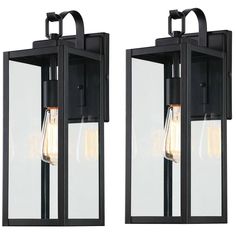 two black outdoor lights with clear glass panels