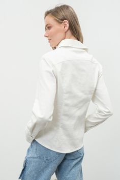 Stretched denim, hidden button down. Princess dart. /denim Casual White Cotton Denim Top, White Denim Tops For Fall, White Denim Jacket With Buttons, Fitted Button-up Denim Top For Everyday, Everyday White Denim Top, White Denim Tops For Everyday, White Denim Everyday Top, White Button-up Denim Jacket, Chic White Denim Tops