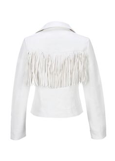 Make a sleek and edgy statement in this buttery-soft jacket that is made out of white faux leather. Classic biker style is updated with a western twist with swishy fringe that cascades down the front and back of this faux-leather jacket. The jacket also features statement notch lapels, front zipper closure and long sleeves. Available in sizes S, M and L. Made out of 100% polyurethane. Layer in western style in this stunning white fringe jacket! White Fringe Jacket, Adams Family Costume, Def Leppard Pyromania, Neon Cat, Rocker Outfit, Spike Bracelet, Velvet Flares, White Fringe, Soft Jacket