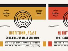 two different types of food labels on a white and orange background with the words nutritious yeast, chicken in flavor vegan seasoning spicy cauliflower