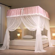 a canopy bed with pink and white drapes