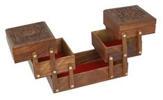 three wooden boxes with red linings on them