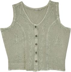 A pixie yet casual aesthetic embroidered sleeveless collarless neck shirt top. With its soft rayon material and sleeveless style, the top is perfect for the summertime. #tlb #Embroidered #Misses #vintagetop #renaissancetop #oldstyletop Green Tunic, Hippie Look, Trendy Skirts, Boho Green, Old Style, Tunic Shirt, Sleeveless Shirt, Neck Shirt, Shirt Top