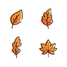 four different colored leaves are shown in this drawing style, with one orange and the other brown