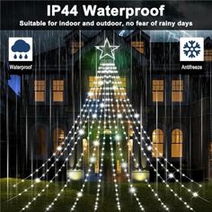 an image of a christmas tree with lights on it and the words ip4 waterproof suitable for indoor and outdoor, no fear of rainy days