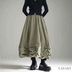 Lasaky - Designer Pleated Tulip Skirt with Loose Elastic Waist, Solid Color Umbrella Knee-length Skirt Baggy Spring Midi Skirt, Spring Baggy Gathered Skirt, Spring Baggy Lined Maxi Skirt, Green Tiered Skirt For Fall, Baggy Long Gathered Skirt, Umbrella Skirt, Tulip Skirt, Skirt Skirt, Mid Length Skirts