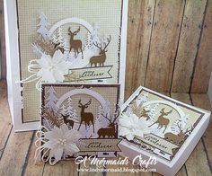 two cards with deer and snowflakes on them, one has a white bow