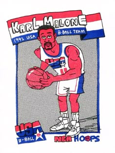 a drawing of a basketball player holding a ball in his right hand and the words karl melone on it