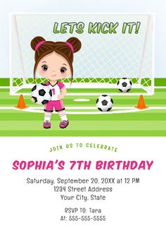 a soccer birthday party with a girl in pink and white uniform holding a soccer ball