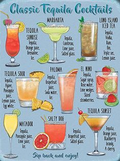 the classic tequila cocktails poster is displayed on a blue background with various drinks in it