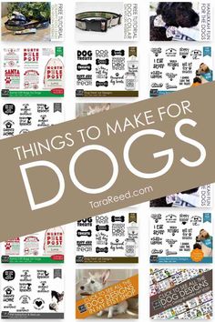 the words things to make for dogs written in different font styles and colors are shown