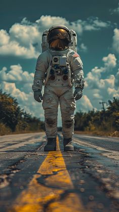 an astronaut standing on the side of a road in front of some trees and clouds