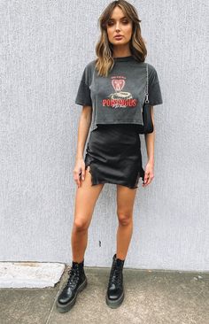 Lace Up Skirts Outfits Casual, Black Mini Slip Skirt Outfit, Punk Going Out Outfits, Leather Skirt And Band Tee Outfit, Black Skirt Rock Outfit, Black Leather And Lace Outfit, Going Out Alternative Outfits, Going Out Outfits Gen Z, Lace Up Skirts Outfits