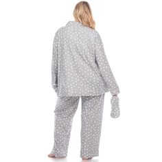 Relax comfortably with this cool to the touch boyfriend styled three-piece pajama set. You will not have trouble sleeping in this silky soft, loose fit, and breathable polyester blended material. The set comes with a relaxed notched long sleeve top with button closure, wide legged sweatpants with slit pockets at side, with an elastic waistband, and matching eye mask and adorn with a fabulous print and contracting piping detail. Offered in size 1X to 4X. Pajama Set White, 2 Piece Lounge Set, Dots Clothing, Button Up Pajamas, Cozy Pajamas, Sleep Well, Womens Pyjama Sets, Boyfriend Style, Elastic Waist Pants