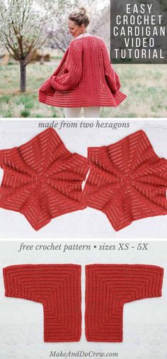 the crochet cardigan pattern is shown in three different colors and sizes, including red