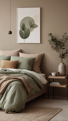 a bed with green sheets and pillows in a bedroom next to a plant on the wall