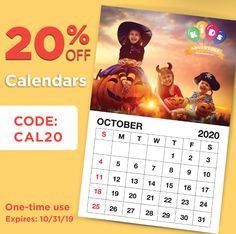 a calendar with an image of children on it and the text 20 % off calenders code cal20