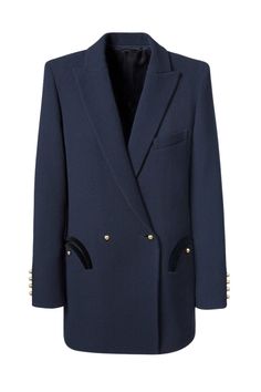 Sophisticated and effortless chic, this tailed blue blazer with tiny gold buttons embodies the iconic allure of the navy uniform. Wear it like a second skin. DOUBLE-BREASTED, DOUBLE CRÊPE VIRGIN WOOL, SARTORIAL FINISHED SLIGHTLY PADDED SHOULDERS, PEAK LAPELS, SLANTED CHEST POCKET, VELVET EMBELLISHED SMILEY POCKETS. FOUR INTERNAL POCKETS, NAVY SILK INTERNAL PIPING,GOLDEN BOULES BUTTONS. SINGLE BACK VENT.COLOUR: NAVYMAIN FABRIC: 100% WOOLLINING: 50%CUPRO, 50%VISCOSEBUTTONS: NYLONCARE: SPECIALIST D Blaze Milano, Navy Uniform, Navy Uniforms, Olympia Le Tan, Navy Blue Blazer, Navy Blazer, Tailored Pants, Effortless Chic, Black Blazer