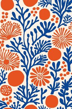 an orange and blue flower pattern on a white background