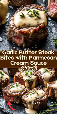 garlic butter steak bites with parmesan cream sauce are the perfect appetizer