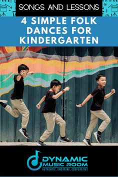 four young boys in black shirts and khaki pants are dancing with the words, 4 simple folk dances for children