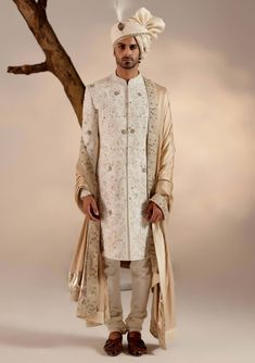 Jatin Malik-Ivory And Gold Linen Silk Sherwani Set-INDIASPOPUP.COM Festive Off White Sherwani With Straight Kurta, Off White Straight Kurta Sherwani For Festive Occasion, Festive Off-white Sherwani With Straight Kurta, Festive Off White Straight Sherwani, Traditional Chikankari Embroidered Raw Silk Bandhgala, Cream Embroidered Raw Silk Sets, Chikankari Embroidered Raw Silk Bandhgala, Embroidered Cream Raw Silk Sets, Off White Sherwani With Zari Work