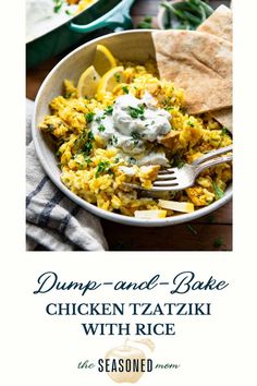 dumpp and bake chicken tatzziki with rice in a white bowl